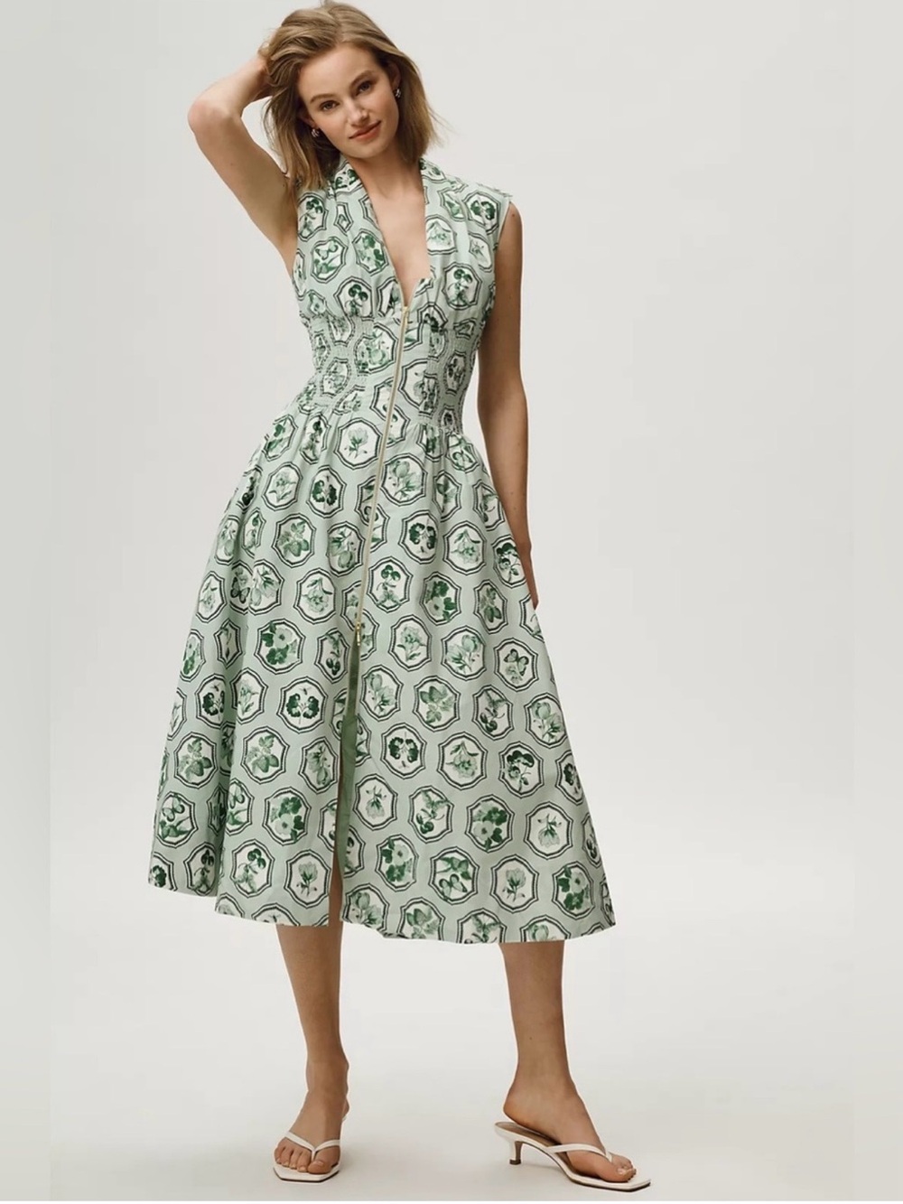 Sleeveless Green Patterned Midi Dress